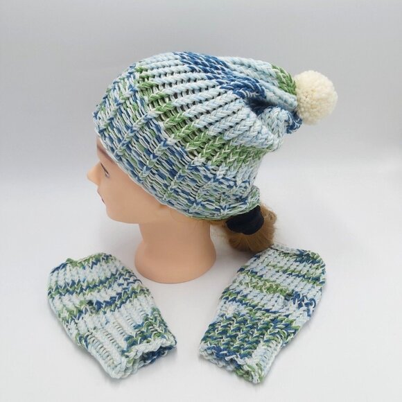 Fingerless Gloves Beanie Hat Toque Pompom Small Blue Green Handmade Loom Knit - Picture 1 of 16